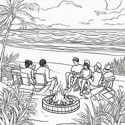 Summer Coloring Pages - Beach bonfire with friends enjoying a summer night  simple coloring pages