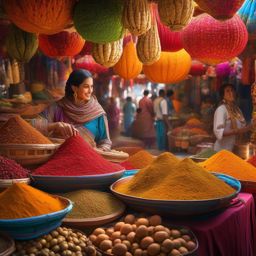 Vibrant marketplace, where colorful stalls overflow with spices, textiles, and exotic fruits, immerses visitors in a tapestry of scents and flavors from distant lands. hyperrealistic, intricately detailed, color depth,splash art, concept art, mid shot, sharp focus, dramatic, 2/3 face angle, side light, colorful background