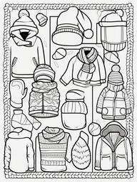 Winter Clothes Coloring Pages - Scarves, Mittens, and Warm Winter Wear  minimal black outline printable sheet, coloring page