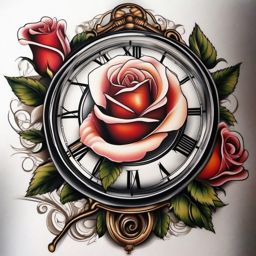 Rose and clock tattoo, Clock and a rose intertwined, reminder that time and love are forever linked. , tattoo color art, clean white background