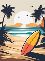 Surfboard and Beach Scene Clipart - A surfboard on the beach shore.  color vector clipart, minimal style