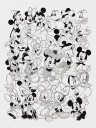 drawing of disney characters  minimal rough scribbles,doodles,black and white