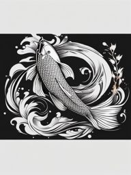 Koi Black and White Tattoo,a black and white koi fish tattoo, celebrating the elegance and strength of this aquatic creature. , tattoo design, white clean background