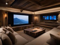 A media room designed with Wabi Sabi interior design features rustic seating, natural decor, and soft lighting that enhances the cinematic experience in a tranquil setting.  