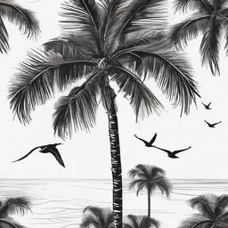 drawing of a palm tree with birds  minimal rough sketch scribbles,doodles,black and white