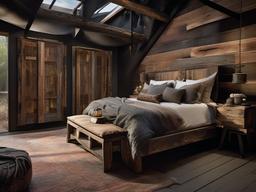 In the bedroom, Post-Apocalyptic interior design showcases distressed wood furniture, layered textiles, and an array of reclaimed materials that create a cozy yet rugged sanctuary for rest.  