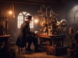 inquisitive steampunk inventor examining a peculiar contraption in a secret workshop. 