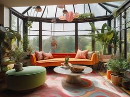 A sunroom with surrealist interior design highlights dreamlike furniture, unusual plants, and vibrant decor that create a bright and whimsical space to enjoy the outdoors.  