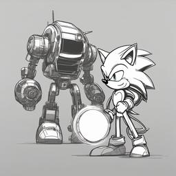 drawing of Sonic The Hedgehog with a robot opponent  minimal rough sketch scribbles,doodles,black and white