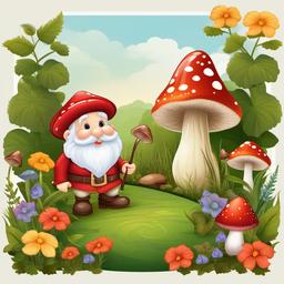 Mushroom clipart - mushroom with a gnome in a garden  