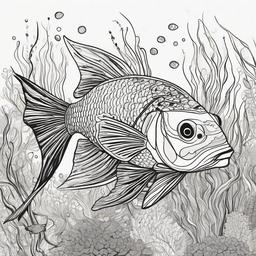 drawing of a colorful fish in a reef  minimal rough sketch scribbles,doodles,black and white