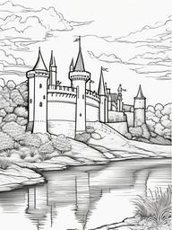 House Coloring Pages - Medieval castle with knights and a moat  simple coloring pages