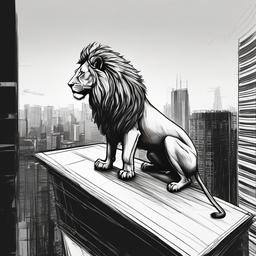 drawing of a lion in skyscraper rooftop  minimal rough sketch scribbles,doodles,black and white