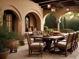 Tuscan patio showcases warm earth tones, rustic wood furniture, and decorative accents that evoke the charm of an Italian villa in outdoor settings.  