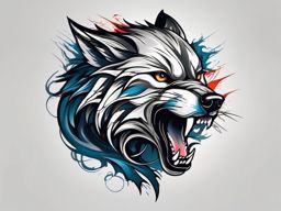 Wolf Growling Tattoo,wolf captured in a fierce growling pose, symbol of untamed strength and determination. , color tattoo design, white clean background