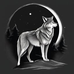 drawing of a wolf in moonlit night  minimal rough sketch scribbles,doodles,black and white