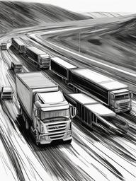 drawing of trucks on a highway  minimal rough sketch scribbles,doodles,black and white