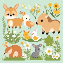 Baby Animals in the Meadow clipart - Springtime baby animals, ,vector color clipart,minimal