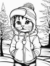 Kitty in a Winter Hat Coloring Pages - Kitten Dressed for Cold Weather  minimal black outline printable sheet, coloring page