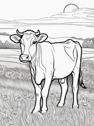 Cow Coloring Pages - Cow standing in front of a colorful sunset  simple coloring pages