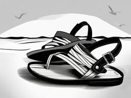 drawing of sandals on the beach  minimal rough sketch scribbles,doodles,black and white