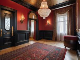 In the entryway, Russian Revival interior design showcases traditional Russian patterns, rich colors, and elegant decor that provide a warm and inviting welcome to guests.  