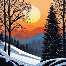 Sunset through snowy trees sticker- Winter silhouettes, , sticker vector art, minimalist design