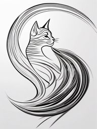 Abstract cat trails tattoo: Whirling essence of a feline's enigmatic path.  black white outline tattoo, white background