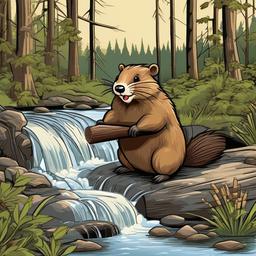 Beaver cartoon - Beaver building a dam in a stream  