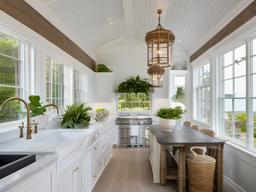 The greenhouse showcases Hampton interior design with natural materials, light colors, and coastal accents that create an elegant environment for gardening and plant care.  