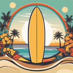 Board Clipart - Surfer's board on a tropical beach under the sun.  color clipart, minimalist, vector art, 