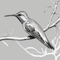 drawing of a hummingbird resting on a branch  minimal rough sketch scribbles,doodles,black and white