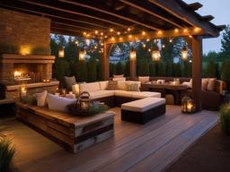 Rustic patio highlights reclaimed wood furniture, warm lighting, and natural elements, evoking a cozy and charming atmosphere for outdoor gatherings.  