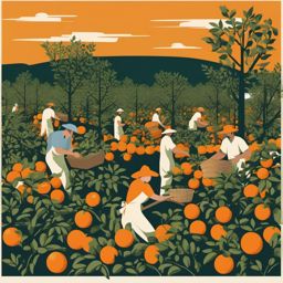 Orange Grove Harvest Clipart - Farmers picking ripe oranges in an orchard.  color vector clipart, minimal style