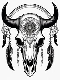 Buffalo skull with dreamcatcher ink: Spiritual elements, protection.  black and white tattoo style