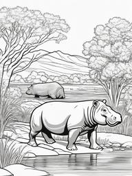 Hippopotamus Coloring Pages - Large River Dwelling Mammal  black outline printable coloring page