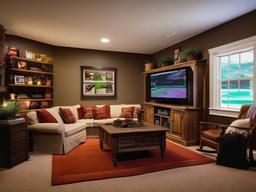 Country gamer room combines sturdy furniture, warm colors, and simple decorations to create a cozy atmosphere for gaming and relaxation.  