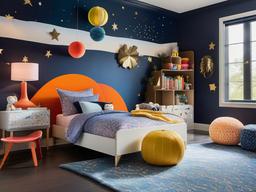 In the kids' room, cosmic chic interior design showcases bright colors, playful celestial patterns, and fun accents that inspire imagination and playfulness.  