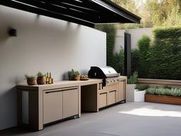 Minimalist outdoor kitchen includes simple lines, a compact layout, and neutral colors, promoting an uncluttered and functional cooking environment.  