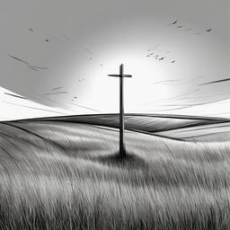 drawing of a cross standing in a field  minimal rough sketch scribbles,doodles,black and white