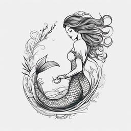 Mermaid Tattoo - Mythical creature symbolizing freedom and allure  minimal tattoo design,white background