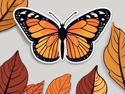 Butterfly and Leaves Sticker - Butterfly resting on autumn leaves, ,vector color sticker art,minimal