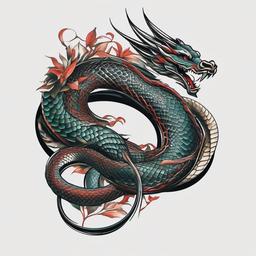 Dragon and Snake Tattoo - Intriguing tattoo featuring a dragon and a snake.  simple color tattoo,minimalist,white background