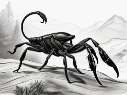 drawing of a scorpion in a natural habitat  minimal rough sketch scribbles,doodles,black and white