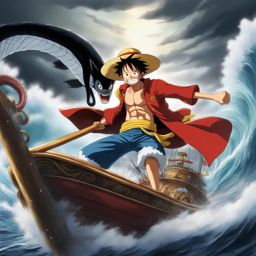 monkey d. luffy battles a sea serpent atop a stormy ocean while aboard the thousand sunny. 