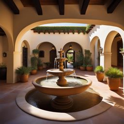 step into the serene courtyard of a spanish hacienda, with a central fountain and lush gardens. 