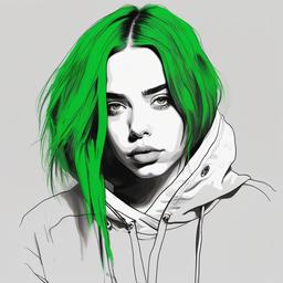 drawing of Billie Eilish with green hair  minimal rough sketch scribbles,doodles,black and white