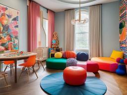 The playroom embodies maximalist interior design with bold toys, colorful art, and an energetic atmosphere, providing a fun and engaging space for children's activities.  