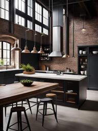 industrial loft kitchen with exposed brick walls and a reclaimed wood island. 