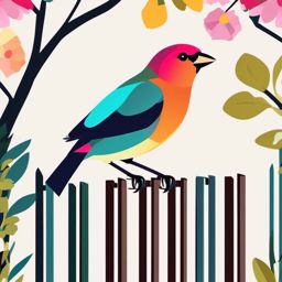 Finch Clipart - Finch perched on a colorful garden fence , minimal, 2d